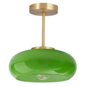 Green Glass Ceiling Light - Mid Century Modern Semi Flush Mount with Green Dome Glass Shade and Gold Brass Finish - Vintage Hallway Light Fixture Hallway Dining Room Kitchen Sink Green Glass Ceiling Light - Mid Century Modern Semi Flush Mount with Green Dome Glass Shade and Gold Brass Finish - Vintage Hallway Light Fixture Hallway Dining Room Kitchen Sink