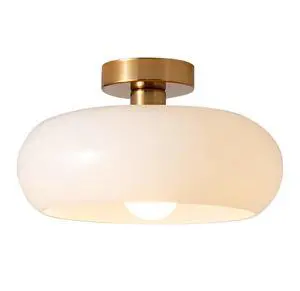 Mid Century Modern Ceiling Light - MCM Milk Glass Flush Mount with 11" White Dome Shade - Gold Brass Ceiling Lamp for Hallway, Bedroom, Bathroom, Dining Room Mid Century Modern Ceiling Light - MCM Milk Glass Flush Mount with 11" White Dome Shade - Gold Brass Ceiling Lamp for Hallway, Bedroom, Bathroom, Dining Room