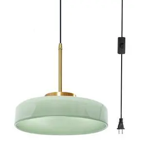 Mid Century Plug-in Pendant Light - Milk Green Glass Pendant Lamp Adjustable Hanging Wire, 13.8" Large Glass Dome Shade, E26 Socket, Living Room Ceiling Hanging Lamp with Plug in Cord Mid Century Plug-in Pendant Light - Milk Green Glass Pendant Lamp Adjustable Hanging Wire, 13.8" Large Glass Dome Shade, E26 Socket, Living Room Ceiling Hanging Lamp with Plug in Cord