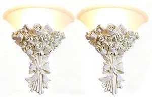 White Flower Wall Sconce 1-Light Antique Rose Resin Flower Wall Lamp with Frosted Glass Shade, E26 Hardwired Light Fixture Vintage Indoor Art Deco Lighting for Bedroom Living Room White Flower Wall Sconce 1-Light Antique Rose Resin Flower Wall Lamp with Frosted Glass Shade, E26 Hardwired Light Fixture Vintage Indoor Art Deco Lighting for Bedroom Living Room