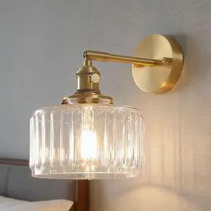 Gold Bathroom Light fixtures Glass wall Mount Light Clear Stripe Glass Shade 1-Light Mid Century Modern Sconces Swing arm Wall Lighting Brass wall Light for Over Mirror Bedroom Hallway Gold Bathroom Light fixtures Glass wall Mount Light Clear Stripe Glass Shade 1-Light Mid Century Modern Sconces Swing arm Wall Lighting Brass wall Light for Over Mirror Bedroom Hallway