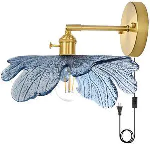 Vintage Wall Sconce Plug in Blue Flower Glass Wall Light Plug in Cord Wall Lights with On/Off Switch Gold Brushed Brass Mid Century Modern Wall Light for Bedside Bedroom Doorway Vintage Wall Sconce Plug in Blue Flower Glass Wall Light Plug in Cord Wall Lights with On/Off Switch Gold Brushed Brass Mid Century Modern Wall Light for Bedside Bedroom Doorway