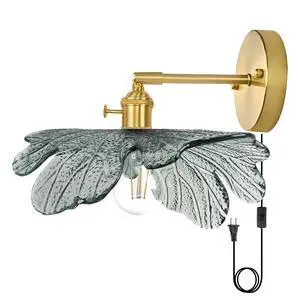 Plug in Wall Sconce Flower Vintage Glass Wall Light with Dark Green Flower Shade On/Off Switch Gold Brass Mid Century Modern Wall Light Plug in Cord for Bedside Bedroom Doorway Plug in Wall Sconce Flower Vintage Glass Wall Light with Dark Green Flower Shade On/Off Switch Gold Brass Mid Century Modern Wall Light Plug in Cord for Bedside Bedroom Doorway