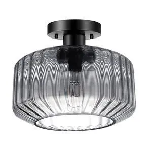 Hallway Close to Ceiling Light 11" Gray Glass Shade Vintage Flush Mount Light Fixture Black Metal Ceiling Lamp Striped Glass Semi Flush Mount Light for Bedroom Entryway Kitchen Sink Hallway Close to Ceiling Light 11" Gray Glass Shade Vintage Flush Mount Light Fixture Black Metal Ceiling Lamp Striped Glass Semi Flush Mount Light for Bedroom Entryway Kitchen Sink