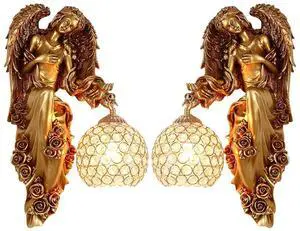 Antique Gold Wall Sconce Vintage Wall Lights Unique Left and Right Angel Resin Shape Retro Sconces with Baroque Crystal Shade Modern Wall Mount Lamp for Bedroom Living Room Hotel Antique Gold Wall Sconce Vintage Wall Lights Unique Left and Right Angel Resin Shape Retro Sconces with Baroque Crystal Shade Modern Wall Mount Lamp for Bedroom Living Room Hotel