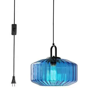 Plug in Hanging Light Fixture Blue Glass Pendant Lamp with 14.7 ft Cord On/Off Switch Mid Century Hanging Lamp Striped Glass Shade Plug in Cord Pendant Light for Living Room Kitchen Plug in Hanging Light Fixture Blue Glass Pendant Lamp with 14.7 ft Cord On/Off Switch Mid Century Hanging Lamp Striped Glass Shade Plug in Cord Pendant Light for Living Room Kitchen