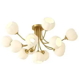 Glass Sputnik Chandelier - 13-Light Gold Brass Ceiling Light with White Flower-Shape Glass Shades - Mid-Century Modern for Bedroom, Living & Dining Room Glass Sputnik Chandelier - 13-Light Gold Brass Ceiling Light with White Flower-Shape Glass Shades - Mid-Century Modern for Bedroom, Living & Dining Room