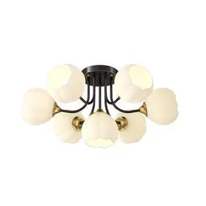 Flush Mount 7-Light Glass Chandelier - Black & White Flower-Shape Glass Shade, Modern Brass Ceiling Light for Bedroom, Living Room & Dining Room Flush Mount 7-Light Glass Chandelier - Black & White Flower-Shape Glass Shade, Modern Brass Ceiling Light for Bedroom, Living Room & Dining Room