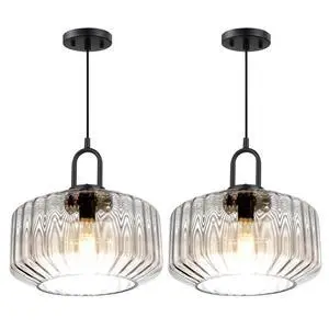 Large Glass Pendant Lights Kitchen Island Vintage Hanging Light | 11Inch Clear Striped Blown Shade Mid Century Modern Hanging Ceiling Lights with Black Finish Adjustable Cord for Dining Room Large Glass Pendant Lights Kitchen Island Vintage Hanging Light | 11Inch Clear Striped Blown Shade Mid Century Modern Hanging Ceiling Lights with Black Finish Adjustable Cord for Dining Room
