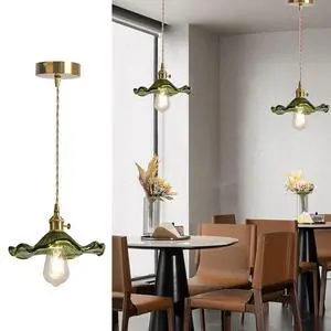 Mid Century Ceiling Hanging Light Green Flower Glass Shade Gold | Small Glass Pendant Light Fixtures One-Light Height Adjustable E26 Base for Living Room Bedroom Dining Room Hallway Mid Century Ceiling Hanging Light Green Flower Glass Shade Gold | Small Glass Pendant Light Fixtures One-Light Height Adjustable E26 Base for Living Room Bedroom Dining Room Hallway