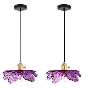 2-Lights Small Pendant Light with Purple Flower Shade, Vintage Glass Pendant Light Adjustable Hanging Light Fixture, Mid Century Modern Ceiling Hanging Light for Dining Room Kitchen 2-Lights Small Pendant Light with Purple Flower Shade, Vintage Glass Pendant Light Adjustable Hanging Light Fixture, Mid Century Modern Ceiling Hanging Light for Dining Room Kitchen