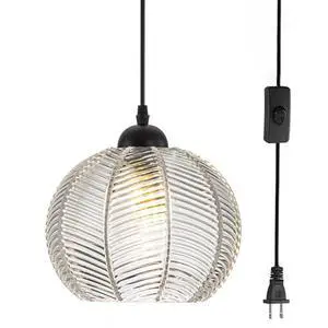 Glass Globe Plug in Pendant Light fixtures 1-Lights Black Pendant Lights Kitchen Island Plug in with Clear Ribbed Hand Blown Glass Shade Mid Century Modern Hanging Lighting (1-Pack) Glass Globe Plug in Pendant Light fixtures 1-Lights Black Pendant Lights Kitchen Island Plug in with Clear Ribbed Hand Blown Glass Shade Mid Century Modern Hanging Lighting (1-Pack)