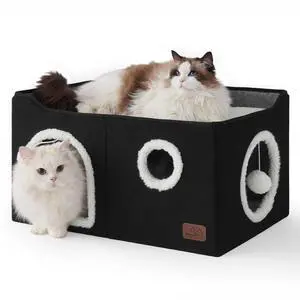 Extra Wide Cat House Bed with Fluffy Ball and Scratch Pad,Black | 23.6x16.9x13 in,Indoor cat cave for multiple pets, Foldable cat hideway cube for sleeping large cat and kitten Extra Wide Cat House Bed with Fluffy Ball and Scratch Pad,Black | 23.6x16.9x13 in,Indoor cat cave for multiple pets, Foldable cat hideway cube for sleeping large cat and kitten