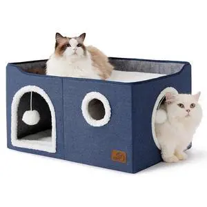 Extra Wide Cat House Bed with Fluffy Ball and Scratch Pad,Blue | 23.6x16.9x13 in,Indoor Cat Cave for Multiple Pets, Foldable Cat Hideway Cube for Sleeping Large Cat and Kitten Extra Wide Cat House Bed with Fluffy Ball and Scratch Pad,Blue | 23.6x16.9x13 in,Indoor Cat Cave for Multiple Pets, Foldable Cat Hideway Cube for Sleeping Large Cat and Kitten