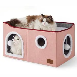 Extra Wide Cat House Bed with Fluffy Ball and Scratch Pad,Pink | 23.6x16.9x13 in,Indoor Cat Cave for Multiple Pets, Foldable Cat Hideway Cube for Sleeping Large Cat and Kitten Extra Wide Cat House Bed with Fluffy Ball and Scratch Pad,Pink | 23.6x16.9x13 in,Indoor Cat Cave for Multiple Pets, Foldable Cat Hideway Cube for Sleeping Large Cat and Kitten
