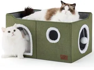 Extra Wide Cat House Bed with Fluffy Ball and Scratch Pad | Loden Green,23.6x16.9x13 in,Indoor Cat Cave for Multiple Pets, Foldable Cat Hideway Cube for Sleeping Large Cat and Kitten Extra Wide Cat House Bed with Fluffy Ball and Scratch Pad | Loden Green,23.6x16.9x13 in,Indoor Cat Cave for Multiple Pets, Foldable Cat Hideway Cube for Sleeping Large Cat and Kitten