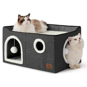 Extra Wide Cat House Bed with Fluffy Ball and Scratch Pad | Dark Grey 23.6x16.9x13 in,Indoor Cat Cave for Multiple Pets, Foldable Cat Hideway Cube for Sleeping Large Cat and Kitten Extra Wide Cat House Bed with Fluffy Ball and Scratch Pad | Dark Grey 23.6x16.9x13 in,Indoor Cat Cave for Multiple Pets, Foldable Cat Hideway Cube for Sleeping Large Cat and Kitten