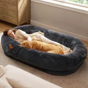 Human Dog Bed for Adult, Plush Giant Calming Nest Bed Orthopedic | 71" Human Size Dog Bed Washable with Storage Pocket, Supportive Bolster, Egg Foam, Non-Slip Bottom, Fluffy Faux Fur,Dark Grey Human Dog Bed for Adult, Plush Giant Calming Nest Bed Orthopedic | 71" Human Size Dog Bed Washable with Storage Pocket, Supportive Bolster, Egg Foam, Non-Slip Bottom, Fluffy Faux Fur,Dark Grey