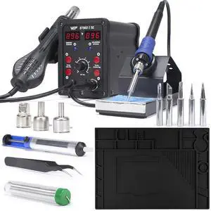 8786D-I SE SMD Hot Air Rework Station Bundle with M170 Silicone Soldering Mat 17.3x12.2 inches with 5 Soldering Tips, 3 Hot air nozzles, Solder Wires for Repairing Large PCBs, DIY Projects 8786D-I SE SMD Hot Air Rework Station Bundle with M170 Silicone Soldering Mat 17.3x12.2 inches with 5 Soldering Tips, 3 Hot air nozzles, Solder Wires for Repairing Large PCBs, DIY Projects
