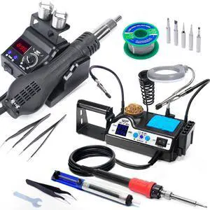 927-IV 110W High-Power Soldering Station Bundle with 8858-V Hot Air Rework Station with 5 Soldering Tips, 3 Nozzles, Lead-free Solder Wire, Solder Sucker, Tweezers 927-IV 110W High-Power Soldering Station Bundle with 8858-V Hot Air Rework Station with 5 Soldering Tips, 3 Nozzles, Lead-free Solder Wire, Solder Sucker, Tweezers