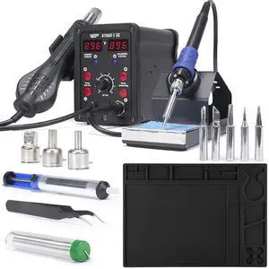 8786D-I SE SMD Hot Air Rework Station Bundle with M160 Silicone Soldering Mat 13.7x9.9 inches with 5 Soldering Tips, 3 Hot air nozzles, Solder Wire for Electronics Repair, DIY Projects 8786D-I SE SMD Hot Air Rework Station Bundle with M160 Silicone Soldering Mat 13.7x9.9 inches with 5 Soldering Tips, 3 Hot air nozzles, Solder Wire for Electronics Repair, DIY Projects