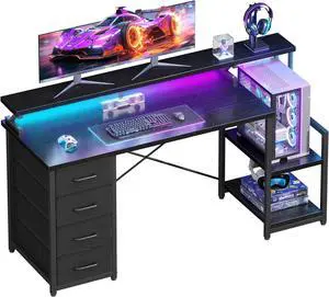 ODK 55 Inch Computer Desk with 4 Drawers, Office Desk with LED Lights and Storage Shelves, Large Writing Study Table for Home, Bedroom, Study or Gaming Setup, Black ODK 55 Inch Computer Desk with 4 Drawers, Office Desk with LED Lights and Storage Shelves, Large Writing Study Table for Home, Bedroom, Study or Gaming Setup, Black
