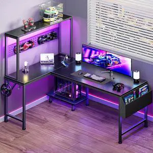 PRAISUN 51.2" L Shaped Gaming Desk with Power Outlets & USB-C Port, LED Lights, Computer Desk with Pegboard, Corner Desk with Storage Shelves & Bag, Office Desk with CPU Stand for Home Office, Black PRAISUN 51.2" L Shaped Gaming Desk with Power Outlets & USB-C Port, LED Lights, Computer Desk with Pegboard, Corner Desk with Storage Shelves & Bag, Office Desk with CPU Stand for Home Office, Black