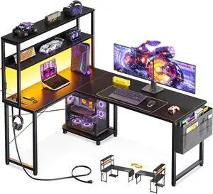 ODK 53 Inch L Shaped Gaming Desk with LED Lighting, Reversible Desk with Power Outlets, Cornor Computer Table with Storage Shelves & Bag & Iron Hook, Home Office Table for Writing, Study, Black ODK 53 Inch L Shaped Gaming Desk with LED Lighting, Reversible Desk with Power Outlets, Cornor Computer Table with Storage Shelves & Bag & Iron Hook, Home Office Table for Writing, Study, Black