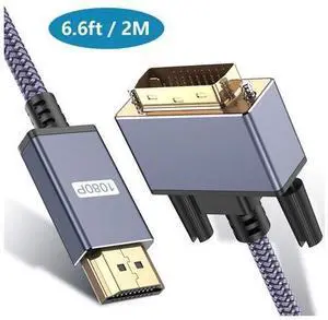HDMI to DVI Cable, DVI to HDMI Adapter Cable 6.6ft / 2M, High Speed Bi-Directional Nylon Braided HDMI Male to DVI-D 24+1 Male Cord Support 1080P Full HD Compatible with Roku,PS3/4, Blu-ray,Laptop HDMI to DVI Cable, DVI to HDMI Adapter Cable 6.6ft / 2M, High Speed Bi-Directional Nylon Braided HDMI Male to DVI-D 24+1 Male Cord Support 1080P Full HD Compatible with Roku,PS3/4, Blu-ray,Laptop
