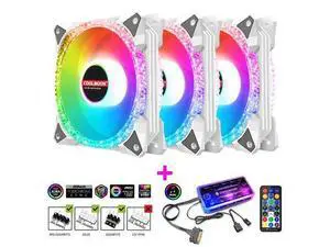 120mm RGB Case Fan, Remote Control, 5V ARGB LED, Ultra Quiet High Airflow Computer Fan for PC Case, White, 3-Pack 120mm RGB Case Fan, Remote Control, 5V ARGB LED, Ultra Quiet High Airflow Computer Fan for PC Case, White, 3-Pack