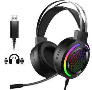 Gaming Headset with 7.1 Surround Sound,PC Lightweight Headset with Noise Canceling Mic,Bass Surround,Soft Memory Earmuffs,Rainbow Backlit for PC,PS4,Xbox One Controller (Adapter Not Included) Gaming Headset with 7.1 Surround Sound,PC Lightweight Headset with Noise Canceling Mic,Bass Surround,Soft Memory Earmuffs,Rainbow Backlit for PC,PS4,Xbox One Controller (Adapter Not Included)
