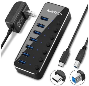 Powered USB HUB RSHTECH Type C to 7 Port USB 3.0 Hub Aluminum Portable Splitter with Individual On/Off Switches (RSH-518C) Powered USB HUB RSHTECH Type C to 7 Port USB 3.0 Hub Aluminum Portable Splitter with Individual On/Off Switches (RSH-518C)
