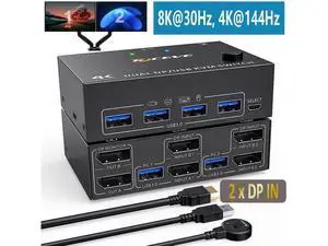 Dual Monitor Displayport KVM Switch for 2 Computers 2 Monitors 8K@30Hz 4K@144Hz, Display Port DP1.4 USB 3.0 KVM Switches 2 in 2 Out with 4 USB 3.0 Ports , Wired Remote and 4 Cables Included Dual Monitor Displayport KVM Switch for 2 Computers 2 Monitors 8K@30Hz 4K@144Hz, Display Port DP1.4 USB 3.0 KVM Switches 2 in 2 Out with 4 USB 3.0 Ports , Wired Remote and 4 Cables Included