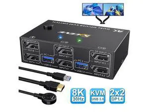 8K USB 3.0 Displayport KVM Switch 2 Computers 2 Monitors, 8K @30Hz 4K @144Hz Dual Monitor Displayport 1.4 KVM Switches 2 in 2 Out with 4 USB 3.0 Port for USB Device, Wired Remote and 4 Cables Included 8K USB 3.0 Displayport KVM Switch 2 Computers 2 Monitors, 8K @30Hz 4K @144Hz Dual Monitor Displayport 1.4 KVM Switches 2 in 2 Out with 4 USB 3.0 Port for USB Device, Wired Remote and 4 Cables Included