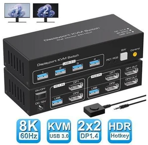 8K@60Hz 2 Port Dual Monitor Displayport KVM Switch, USB 3.0 DP 1.4 KVM switches for 2 Computers Share 2 monitors and 4 USB Devices Support 4K@120Hz DP 1.4 with External kit and Power adapter 8K@60Hz 2 Port Dual Monitor Displayport KVM Switch, USB 3.0 DP 1.4 KVM switches for 2 Computers Share 2 monitors and 4 USB Devices Support 4K@120Hz DP 1.4 with External kit and Power adapter