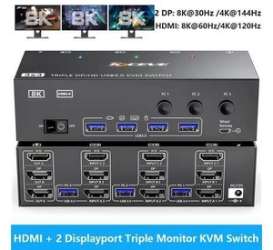 IHDAPP KVM Switch 3 Monitors 3 Computers 8K@60Hz, HDMI + 2* Displayport Triple Monitor KVM Switch with 4 USB 3.0 Ports for Keyboard Mouse Printer, Wired Remote, USB Cable and Power Adapter Included IHDAPP KVM Switch 3 Monitors 3 Computers 8K@60Hz, HDMI + 2* Displayport Triple Monitor KVM Switch with 4 USB 3.0 Ports for Keyboard Mouse Printer, Wired Remote, USB Cable and Power Adapter Included