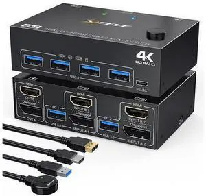 Dual Monitor Displayport HDMI USB 3.0 KVM Switch 2 Computer 2 Monitors, DP HDMI KVM Switcher Supports 4K @60Hz for 2 Computers Share Keyboard, 4 USB 3.0 Ports, Wired Remote and 4 Cables Included Dual Monitor Displayport HDMI USB 3.0 KVM Switch 2 Computer 2 Monitors, DP HDMI KVM Switcher Supports 4K @60Hz for 2 Computers Share Keyboard, 4 USB 3.0 Ports, Wired Remote and 4 Cables Included