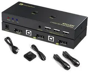 DisplayPort KVM Switch 2 Port, KVM Switch DisplayPort for 2 Computers Sharing 1 Monitor and 3 USB Devices, Support 4K @60Hz, 2K(2560X1440) @120Hz, with Extended Control Switch and 2 USB Cables DisplayPort KVM Switch 2 Port, KVM Switch DisplayPort for 2 Computers Sharing 1 Monitor and 3 USB Devices, Support 4K @60Hz, 2K(2560X1440) @120Hz, with Extended Control Switch and 2 USB Cables
