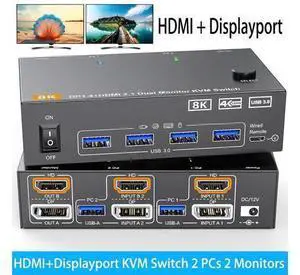 SMA 2 Port HDMI + Displayport Dual Monitor KVM Switch, 8K@60Hz 4K@144Hz HDMI+DP USB 3.0 KVM Switch Extended Display 2 Monitors 2 Computers with 4 USB 3.0 Ports, USB Cables & Wired Controller included SMA 2 Port HDMI + Displayport Dual Monitor KVM Switch, 8K@60Hz 4K@144Hz HDMI+DP USB 3.0 KVM Switch Extended Display 2 Monitors 2 Computers with 4 USB 3.0 Ports, USB Cables & Wired Controller included