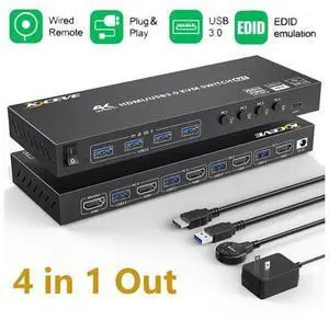 4 Port USB 3.0 HDMI KVM Switch Support 4K@60Hz 2K@120Hz RGB 4:4:4 Simulation EDID, HDMI Switch 4 in 1 Out with 4 USB 3.0 Port for Keyboard Mouse Printer,with Controller, USB3.0 Cables and HD-MI Cables 4 Port USB 3.0 HDMI KVM Switch Support 4K@60Hz 2K@120Hz RGB 4:4:4 Simulation EDID, HDMI Switch 4 in 1 Out with 4 USB 3.0 Port for Keyboard Mouse Printer,with Controller, USB3.0 Cables and HD-MI Cables