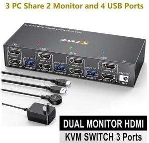 USB 3.0 HDMI KVM Switch for 3 PC 2 Monitors, EDID Emulator, 4K@60Hz Extended Display, HDMI2.0 Dual Monitor KVM Switch for 3 PC Share Keyboard, Mouse, Printer USB Device, with Wired Remote and 5 Cables USB 3.0 HDMI KVM Switch for 3 PC 2 Monitors, EDID Emulator, 4K@60Hz Extended Display, HDMI2.0 Dual Monitor KVM Switch for 3 PC Share Keyboard, Mouse, Printer USB Device, with Wired Remote and 5 Cables