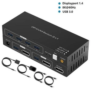 KVM Switch Display Port, 8K @60Hz 2 Port DisplayPort KVM Switch with 4 USB 3.0 Port, 2 Computers Share 1 Monitors DP 1.4 PC Keyboard Mouse Switcher with USB Cable, Desktop Controller and Power Adapter KVM Switch Display Port, 8K @60Hz 2 Port DisplayPort KVM Switch with 4 USB 3.0 Port, 2 Computers Share 1 Monitors DP 1.4 PC Keyboard Mouse Switcher with USB Cable, Desktop Controller and Power Adapter