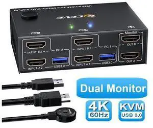 2 Port 4K @60Hz Dual Monitor HDMI KVM Switch with USB 3.0 Port Simulation EDID, USB HDMI Extended Display Switcher for 2 Computers Share 2 Monitors and 4 USB 3.0 Devices, with Wired Controller&Cables 2 Port 4K @60Hz Dual Monitor HDMI KVM Switch with USB 3.0 Port Simulation EDID, USB HDMI Extended Display Switcher for 2 Computers Share 2 Monitors and 4 USB 3.0 Devices, with Wired Controller&Cables