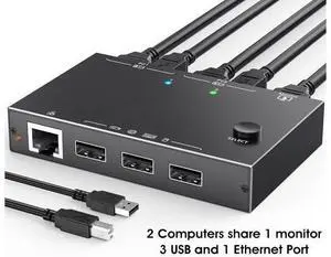 USB HDMI KVM Switch with Ethernet, HDMI KVM Switch 2 Port 4K@60Hz,KVM Switches for 2 Computers Share 1 Monitor and 3 USB Devices Keyboard Mouse, 100Mbps Ethernet Network KVM Switcher USB HDMI KVM Switch with Ethernet, HDMI KVM Switch 2 Port 4K@60Hz,KVM Switches for 2 Computers Share 1 Monitor and 3 USB Devices Keyboard Mouse, 100Mbps Ethernet Network KVM Switcher