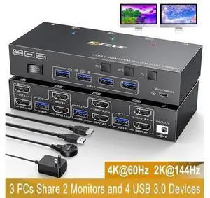 Dual Monitor HDMI KVM Switch 3 in 2 Out, USB 3.0 HDMI KVM Switch 2 Monitors 3 Computers 4K@60Hz 2K@144Hz, EDID Emulator, Dual Monitor KVM Switch with 4 USB 3.0 Ports, Wired Remote and Cables Included Dual Monitor HDMI KVM Switch 3 in 2 Out, USB 3.0 HDMI KVM Switch 2 Monitors 3 Computers 4K@60Hz 2K@144Hz, EDID Emulator, Dual Monitor KVM Switch with 4 USB 3.0 Ports, Wired Remote and Cables Included