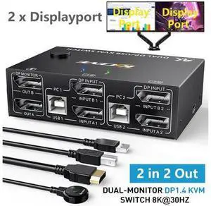 2 Port Displayport KVM Switch Dual Monitor, 8K@30Hz DisplayPort1.4 KVM Switch 2 in 2 Out, DP Extended Display KVM Switch for 2 Computers Share 2 Monitors and 4 USB 2.0 Ports, Wired Remote and 4 Cables 2 Port Displayport KVM Switch Dual Monitor, 8K@30Hz DisplayPort1.4 KVM Switch 2 in 2 Out, DP Extended Display KVM Switch for 2 Computers Share 2 Monitors and 4 USB 2.0 Ports, Wired Remote and 4 Cables