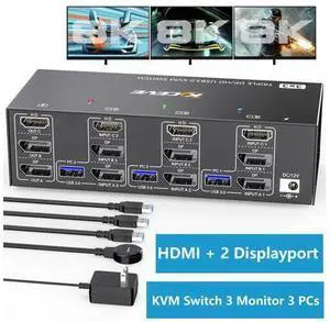 2 Displayport + HDMI USB 3.0 KVM Switch 3 Monitors 3 Computers, 8K@60Hz,4K@144Hz Triple Monitor KVM Switch with 4 USB3.0 Ports, Triple Monitor Keyboard Mouse Switcher, Included KVM Cables Wired Remote 2 Displayport + HDMI USB 3.0 KVM Switch 3 Monitors 3 Computers, 8K@60Hz,4K@144Hz Triple Monitor KVM Switch with 4 USB3.0 Ports, Triple Monitor Keyboard Mouse Switcher, Included KVM Cables Wired Remote