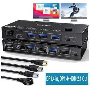 MST Displayport KVM Switch 2 Monitors 2 Computers 4K @144Hz, (1 DP in,DP+HDMI Out), Dual Monitor KVM Switch Displayport 1.4 with 4 USB 3.0 Port for USB Device, Wired Remote and 4 Cables Included MST Displayport KVM Switch 2 Monitors 2 Computers 4K @144Hz, (1 DP in,DP+HDMI Out), Dual Monitor KVM Switch Displayport 1.4 with 4 USB 3.0 Port for USB Device, Wired Remote and 4 Cables Included