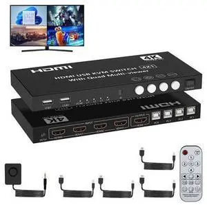 HDMI KVM Switch 4 Ports 4K@30Hz, HDMI Multi-viewer 4x1 Switch for 4 Computers 1 Monitor, 4 in 1 Out HDMI Quad Seamless Switch, HDMI KVM Switcher with Hotkey Switch Button Switch and IR Remote HDMI KVM Switch 4 Ports 4K@30Hz, HDMI Multi-viewer 4x1 Switch for 4 Computers 1 Monitor, 4 in 1 Out HDMI Quad Seamless Switch, HDMI KVM Switcher with Hotkey Switch Button Switch and IR Remote
