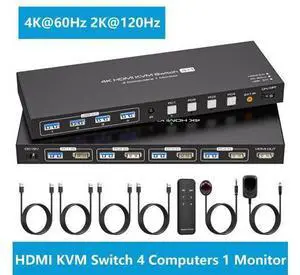 HDMI KVM Switch for 4 Computers 1 Monitor 4K@60Hz 2K@120Hz, 4 Port HDMI KVM Switches For 4 PCs Share 4 USB Devices Like Keyboard Mouse Printer etc. With Remote Controller & USB Cables, Power Adapter HDMI KVM Switch for 4 Computers 1 Monitor 4K@60Hz 2K@120Hz, 4 Port HDMI KVM Switches For 4 PCs Share 4 USB Devices Like Keyboard Mouse Printer etc. With Remote Controller & USB Cables, Power Adapter